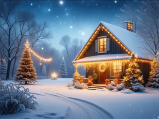 クリスマスの風景　白い雪　ロッジ　小屋　イルミネーション