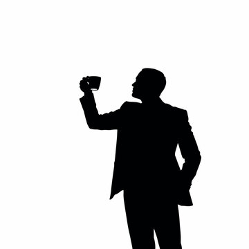 recommend clip art: A businessman silhouette standing and drinking coffee, with one hand holding a coffee cup near his mouth