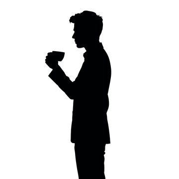 recommend clip art: A businessman silhouette standing and drinking coffee, with one hand holding a coffee cup near his mouth