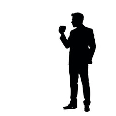 A businessman silhouette standing and drinking coffee, with one hand holding a coffee cup near his mouth