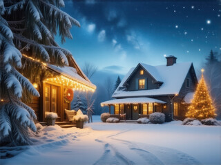 クリスマスの風景　白い雪　ロッジ　小屋　イルミネーション