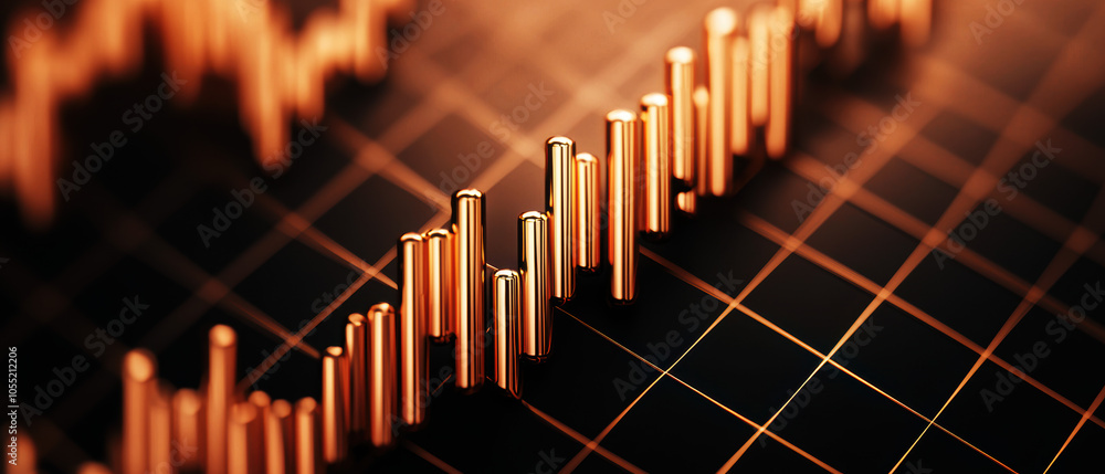 Poster a close-up view of a financial chart displaying rising trends with vertical bars on a grid backgroun