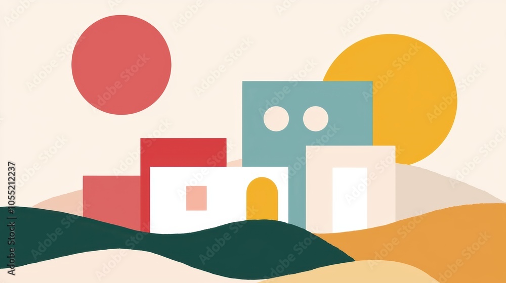 Poster abstract line sketch of a modern building complex, emphasizing geometry, structure, and architectura