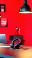 A headphone mockup rests on a stylish desk in a vibrant studio lit by overhead fixtures