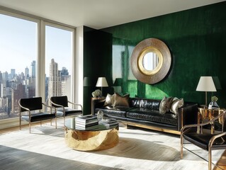 Green walls combined with metallic accents and clean-lined furniture for a sophisticated masculine room
