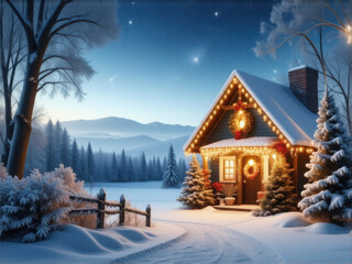 クリスマスの風景　白い雪　ロッジ　小屋　イルミネーション