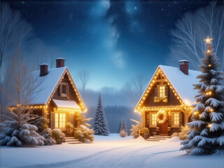 クリスマスの風景　白い雪　ロッジ　小屋　イルミネーション