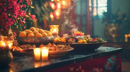 New Year ancestral altar with food and incense offerings