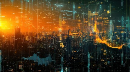 A digital display of financial charts and graphs overlaid