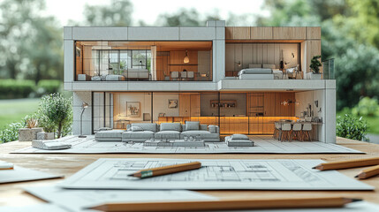 Detailed architectural model of a modern home displayed outdoors with design sketches