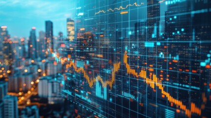 A digital display of financial charts and graphs overlaid
