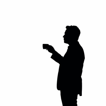 recommend clip art: A businessman silhouette standing and drinking coffee, with one hand holding a coffee cup near his mouth