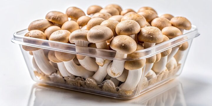 Close up of uniform mushrooms in plastic container, all facing the same direction, mushrooms, close up, plastic container