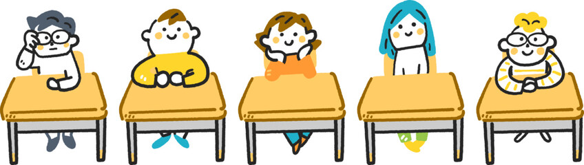 机に座る5人の小学生　セットのストックイラスト素材
