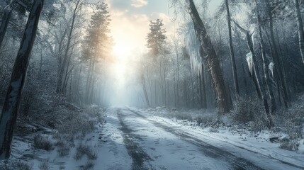 A snow-covered road stretching through a wintry forest, with icicles hanging from branches and the sun breaking through the clouds.