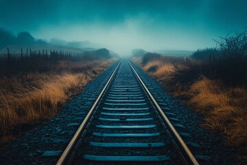 Obraz premium Misty Train Tracks into the Unknown: A Moody Journey
