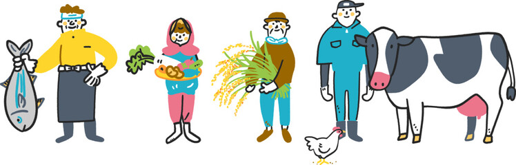 日本の食を支える生産者　セットのストックイラスト素材
