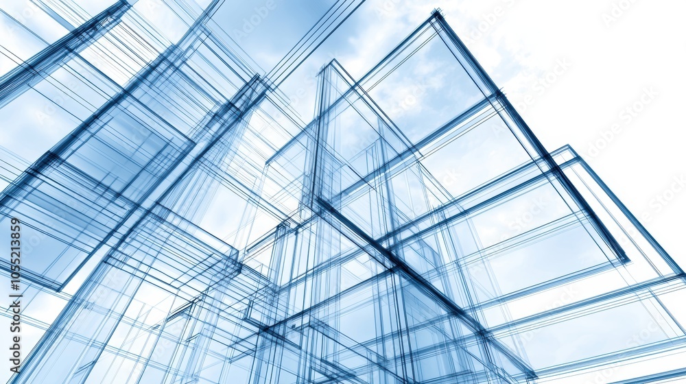 Poster architectural sketch of a modern building complex, highlighting structural lines and intricate desig
