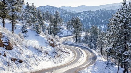 A steep, winding road leading up a snow-covered mountain, with the road sharp curves framed by frosty pine trees