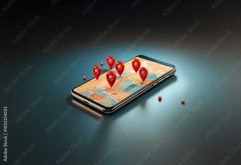 Leinwandbilder a smartphone displaying a map with multiple red pins scattered around, representing various location