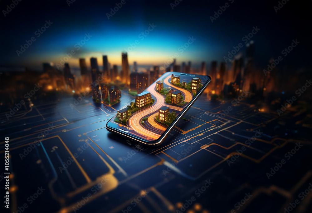 Poster a smartphone with a glowing cityscape image on its screen rests on a futuristic circuit board.