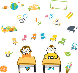 2人の小学生と小学校の活動にかかわるアイコンのセット　ストックイラスト素材

