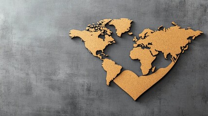 Wooden world map with heart shape on textured wall, symbolizing global love and unity
