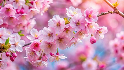 Obraz premium Pink sakura cherry blossoms blooming in spring in Japan with blurred background, sakura, cherry blossom, pink, Japan