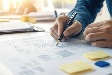 Businessman using pen on strategy blueprint analysis document, high-resolution office setting