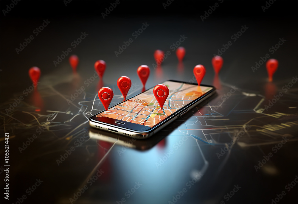 Aufkleber a smartphone lies on a map with multiple red location pins scattered around it.