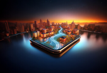 A city skyline is displayed on a large smartphone, with a river winding through it. The screen is illuminated with a warm glow as the sun rises over the horizon.