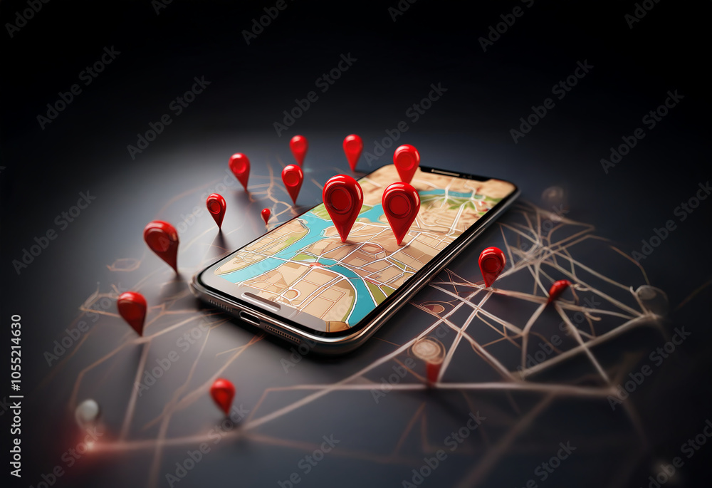 Aufkleber a smartphone with a map on its screen and red location pins around it, representing many locations, 