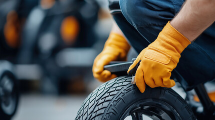 Close-up of a gloved hand working on a tire.