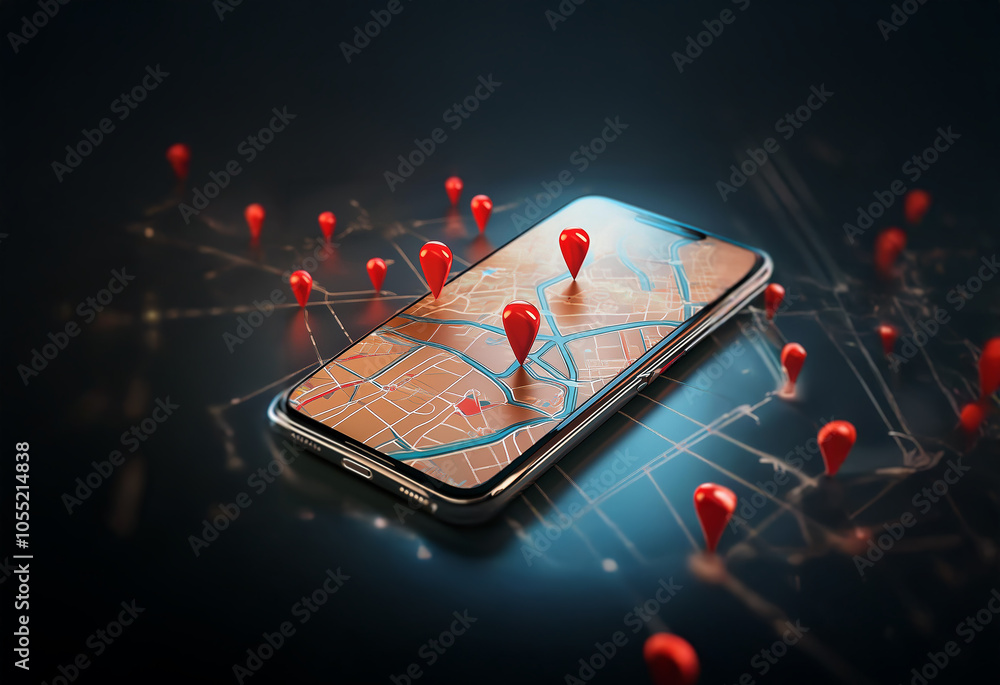 Poster a smartphone with a map displayed on its screen and multiple red pushpins scattered around it.