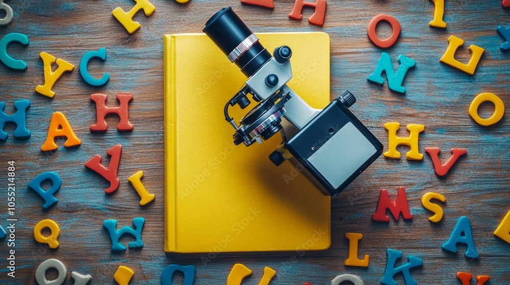 Poster a yellow notebook with a microscope on top surrounded by colorful alphabet blocks on a wooden surfac
