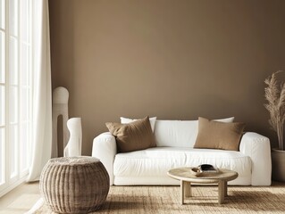 Hazelnut walls, white furniture, and soft textiles in a minimalist winter living room, creating a cozy and warm atmosphere