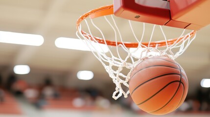 Fototapeta premium Basketball player mid-jump shot, focused and intense, with a crowd blurred in the background