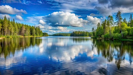 Fototapeta premium Quiet smooth lake surrounded by a forest of trees and fir-trees under a cloudy blue sky in Karelia, serene, tranquil, peaceful
