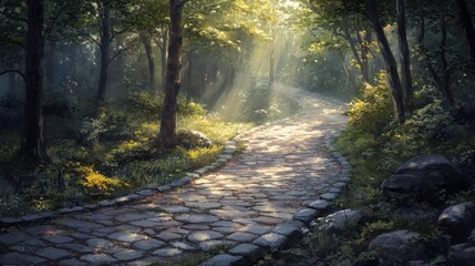Obraz premium A winding cobblestone road that cuts through a forest, with sunlight filtering through the trees and dancing on the stones