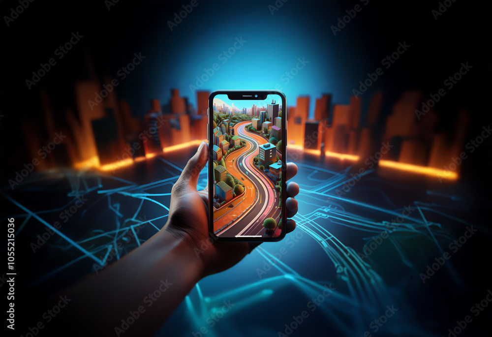 Poster a hand holds a smartphone displaying a winding road through a city. the background features glowing 