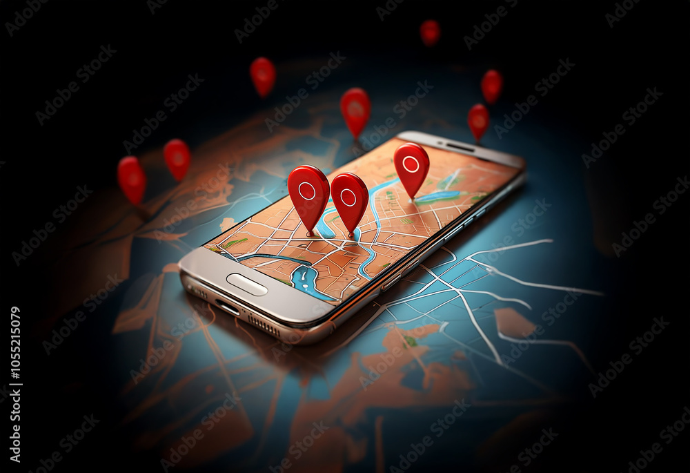 Aufkleber a smartphone with a map displayed on the screen and multiple red push pins scattered around it.