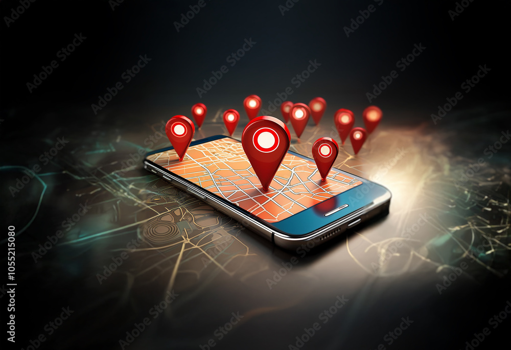 Poster a smartphone lies on a map with several red location pins surrounding it.