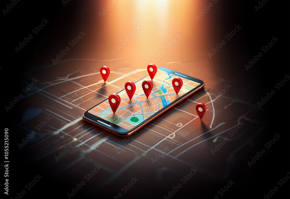 Poster a smartphone with a map displayed on the screen and red location pins scattered on the map and surro