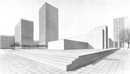 Fototapeta premium Black-and-white architectural drawing with layered perspective lines, capturing the essence of urban design
