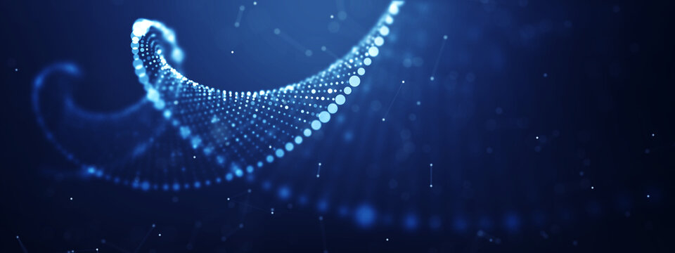 Abstract digital DNA helix with glowing nodes and geometric shapes on a dark blue backdrop, symbolizing biotechnology and genetic research.