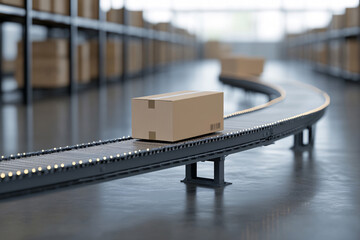 Cardboard boxes on conveyor rollers ready to be shipped by courier for distribution.
