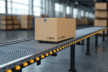 Cardboard boxes on conveyor rollers ready to be shipped by courier for distribution.

