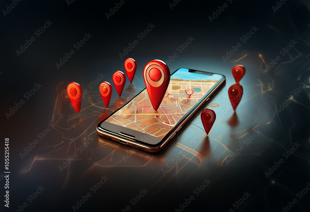 Poster a smartphone displaying a map with multiple red location pins scattered around it, suggesting naviga