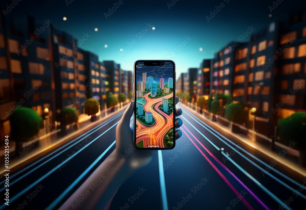 Poster a hand holds a smartphone displaying a city map in a futuristic, nighttime setting with glowing road