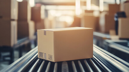 Cardboard boxes on conveyor rollers ready to be shipped by courier for distribution.
